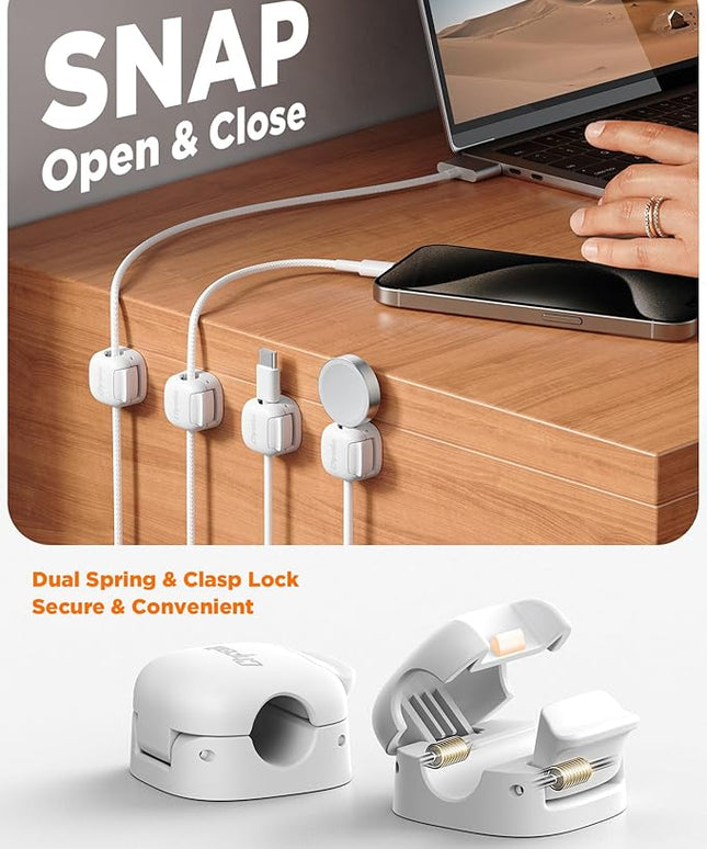 12Pack Cord Organizer, Chfeila Compact Dual Spring & Clasp Lock Cable Management Clips, Adhesive Phone Charger Keeper, Wire Holder for Nightstand/Car, Home Office Desk Accessories Decor Essentials
