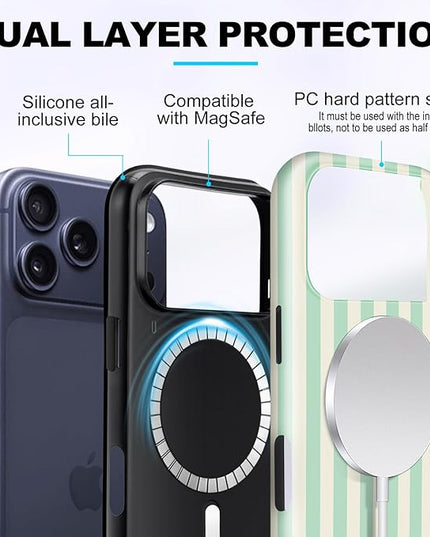 Magnetic for iPhone 17 Pro Max Case Cute Stripes Phone Case, Shockproof Slim TPU and Hard PC Protective Phone Cover Compatible with MagSafe Designed for Women Girls, Light Green