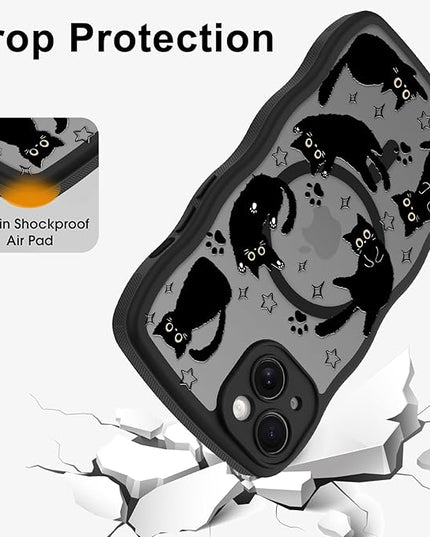 Cute Case for iPhone 15 Case [Compatible with MagSafe] with Kawaii Black Cats Cat Print Pattern Design for Women Girls, Soft Wavy Edge Anti-Slip Animal Magnetic Protective Phone Cover