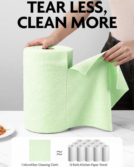Fantasticlean Microfiber Cleaning Cloth Roll -75 Pack, Tear Away Microfiber Towels, 12" x 12", Reusable, Washable, Scratch Free, Ultra Absorbent Dishcloth for All-Around Cleaning Supplies (Green)