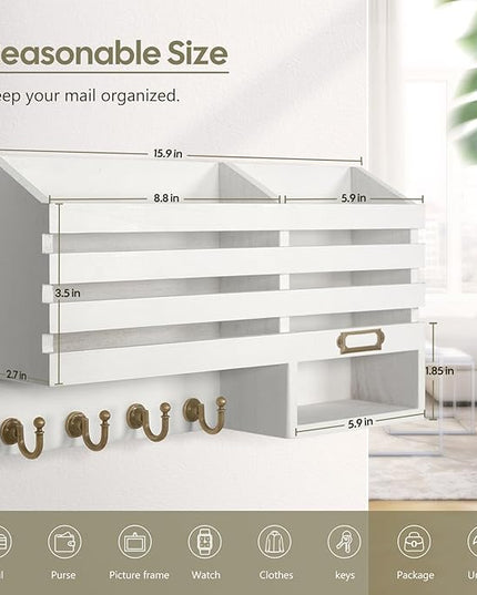 FifthQuarter Key Holder for Wall: Easy Mounted Key Rack and Mail Organizer with Store Shelf and Four Sturdy Keys Hooks Decor in Kitchen|Farmhouse|Entryway|Mudroom (White)