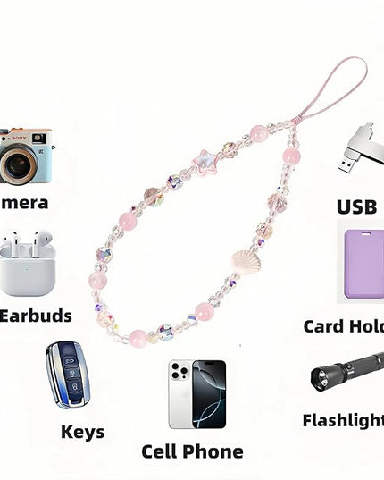 Cute Sparkling Star & Cat's Eye Phone Lanyard, Beaded Crystal Charm Strap for Phone Keys Purse - Gift for Women