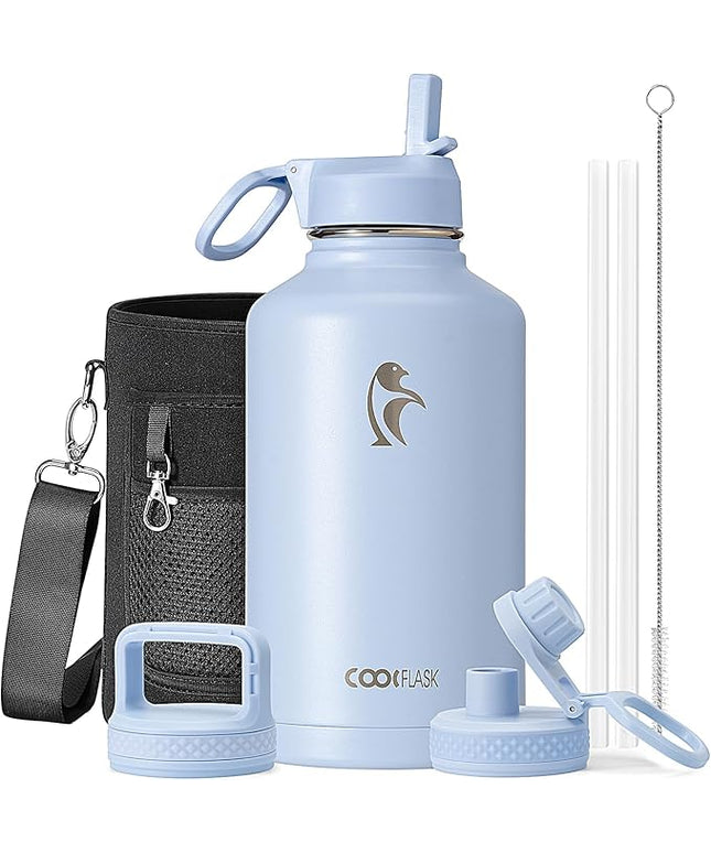 Half Gallon Water Bottle Insulated with Straw & 3 Lids, Coolflask 64 oz Water Jug Large Metal Stainless Steel Wide Mouth for Sports, Gym or Office, Non-BPA Keep Cold 48H Hot 24H, Light Blue