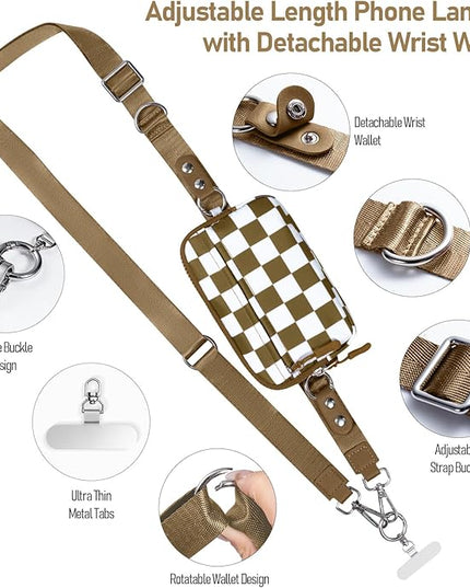Clip and Go Strap for Phone with Wallet Crossbody Phone Lanyard and Detachable Checkered Bag with ID Window and RFID Pouch for Daily Travel.