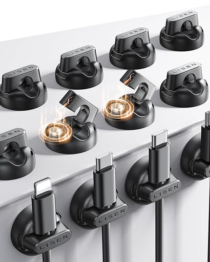 12-Pack Magnetic Cable Clips [1S Snap-On] Cord Holder, LISEN Office Desk Organizers and Accessories with 4 Extra Strong Adhesive Pads, Wire Organizer for Nightstand, Home, Wall, Car, Desktop
