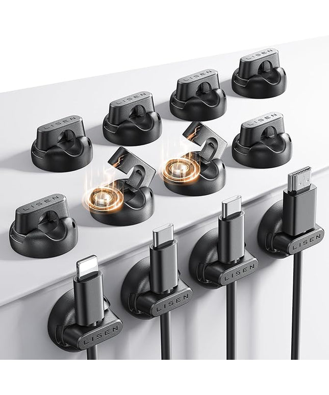 12-Pack Magnetic Cable Clips [1S Snap-On] Cord Holder, LISEN Office Desk Organizers and Accessories with 4 Extra Strong Adhesive Pads, Wire Organizer for Nightstand, Home, Wall, Car, Desktop