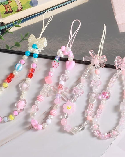 Draupnir 4pcs Phone Charms Strap, Butterfly Bow Camera Strap Wrist Beaded Phone Bracelet Wrist Straps, Pearl Bracelet Lanyard Keychain Charm for Women