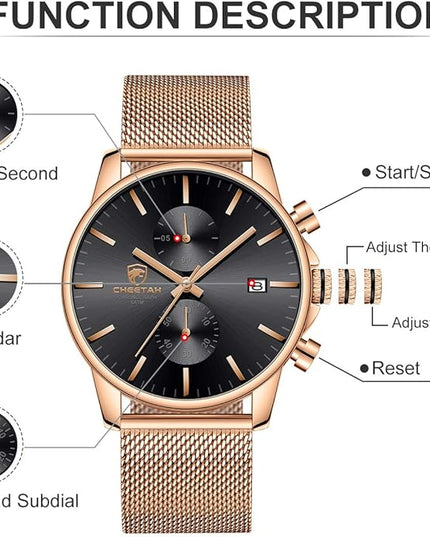 GOLDEN HOUR Mens Watch Fashion Sleek Minimalist Quartz Analog Mesh Stainless Steel Waterproof Chronograph Watches for Men with Auto Date
