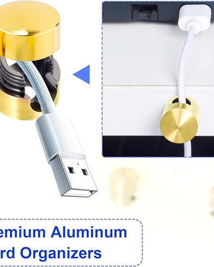4 Sets Charger Holders for Cords, Gold Color Adjustable Cable Anchor Holders, Adhesive Metal Cord Clips, Cable Management Wire Organizers for Desk, Office, Nightstand