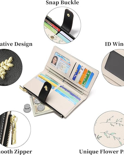 GAEKEAO Womens Wallet Slim Thin RFID Blocking Floral Vegan Leather Card Holder Bifold Long Ladies Wallet with Zipper Pocket