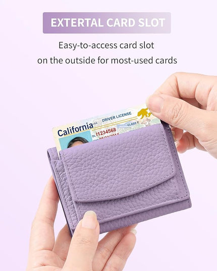 Unisex RFID Genuine Leather Wallet Compact Trifold with Coin Pouch & Card Slots Black (Light Purple)