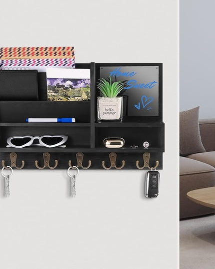 ClyraStor Key Holder Wall Mount, Mail Organizer Wall Mounted, Solid Wood Key Holder for Wall Living Room Entryway Home Decor, with 10 Key Hooks, Shelf, Marker Pen, 15.7" x 10.2" x 2.8"