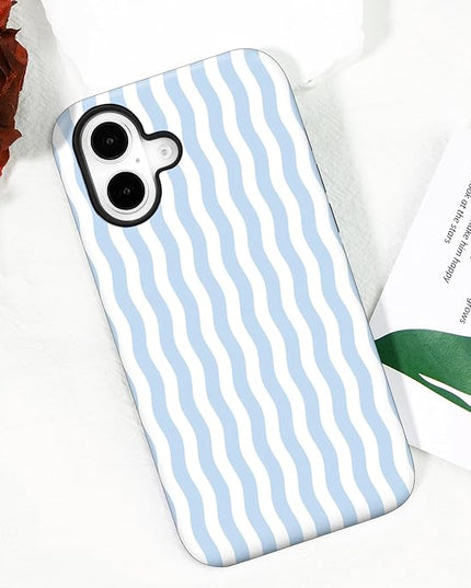 Magnetic for iPhone 16 Case Cute Wavy Stripes Phone Case, Shockproof Slim TPU and Hard PC Protective Phone Cover Compatible with MagSafe Designed for Women Girls, Blue