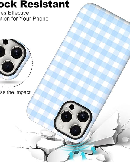 Magnetic for iPhone 16 Pro Case Cute Checkered Stripes Phone Case for Women Girls, Shockproof Slim TPU and Hard PC Protective Phone Cover Compatible with MagSafe Designed, Blue