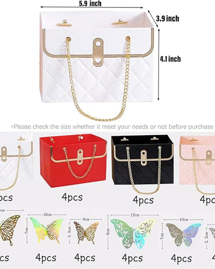 JHXTZ 16 Pack Flower Paper Gift Bag and 24 3D Butterfly Decor, Bouquet Portable Flower Handbag Box with Metal Chain, Small Florist Carrier Bag for Arrangements, Valentine's Day, Birthday 4 colors