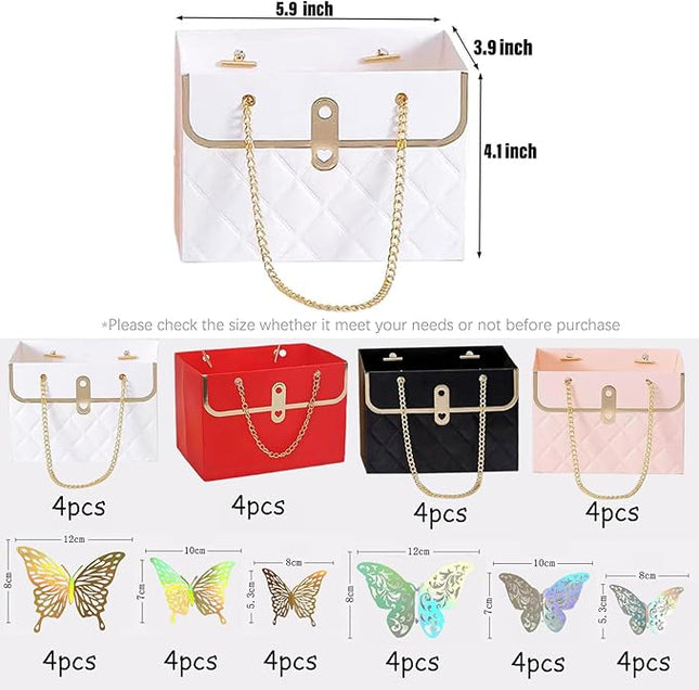 JHXTZ 16 Pack Flower Paper Gift Bag and 24 3D Butterfly Decor, Bouquet Portable Flower Handbag Box with Metal Chain, Small Florist Carrier Bag for Arrangements, Valentine's Day, Birthday 4 colors