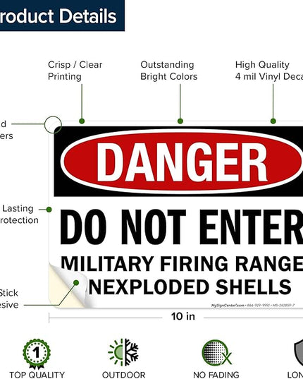 Danger Do Not Enter Military Firing Range Unexploded Shells Sign, 10x7 Inches, 4 Mil Vinyl Decal Stickers Weather Resistant, Made in USA by My Sign Center