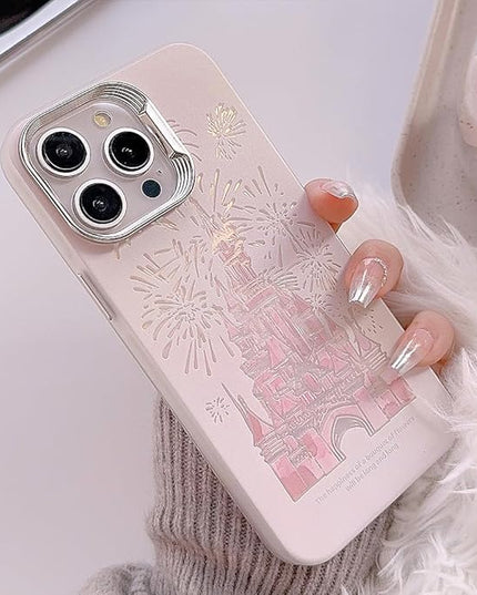 for iPhone 13 Pro Max Case, Deluxe Fashion Pink Case with Laser 3D Fireworks Castle Design, Premium Case with Bracelet, PC+TPU Shockproof and Drop Resistant for Women and Girls 6.7