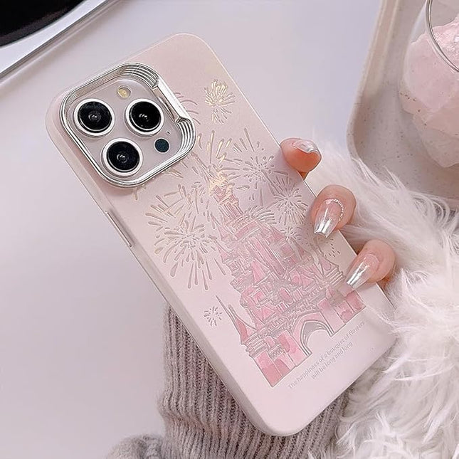 for iPhone 13 Case, Deluxe Fashion Pink Case with Laser 3D Fireworks Castle Design, Premium Case with Bracelet, PC+TPU Shockproof and Drop Resistant for Women and Girls 6.1
