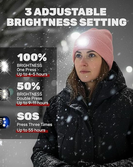 OKKLE Unisex LED Beanie with Light, USB Rechargeable Headlamp Hat, Winter Gifts for Men Women Husband Him Pink