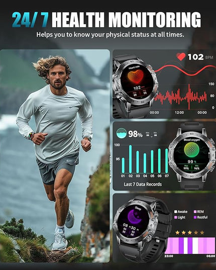 SUNKTA Smart Watch for Men(Answer/Dial Calls),1.45'' AMOLED/100 Sports Modes, 5ATM Waterproof Fitness Watch with Heart Rate/SpO2/Sleep Tracker for Android and iOS,530MAH Smartwatch Black