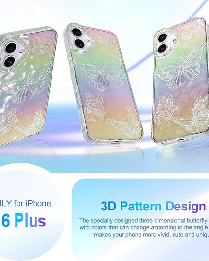Cute Case for iPhone 16 Plus Case for Women Girls, with 3D Butterflies Pattern Design, Aesthetic Clear Iridescent Glitter Kawaii Girly Rainbow Protective Phone Cover