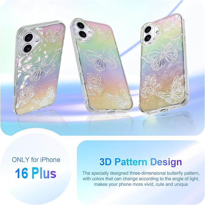 Cute Case for iPhone 16 Plus Case for Women Girls, with 3D Butterflies Pattern Design, Aesthetic Clear Iridescent Glitter Kawaii Girly Rainbow Protective Phone Cover