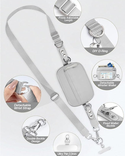 Clip and Go Strap for Phone with Wallet Crossbody Phone Lanyard Adjustable and Detachable RFID Wristlet Wallet with ID Window and Zipper, Grey