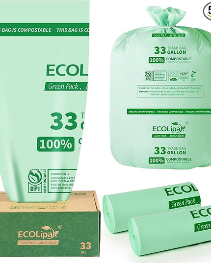 ECOLipak 33 Gallon Compostable Trash Garbage Bags, 50 Count (2 Rolls) Biodegradable Heavy Duty Large Outdoor Trash Bags for Lawn/Yard, US BPI ASTM D6400 and OK Compost Home Certified