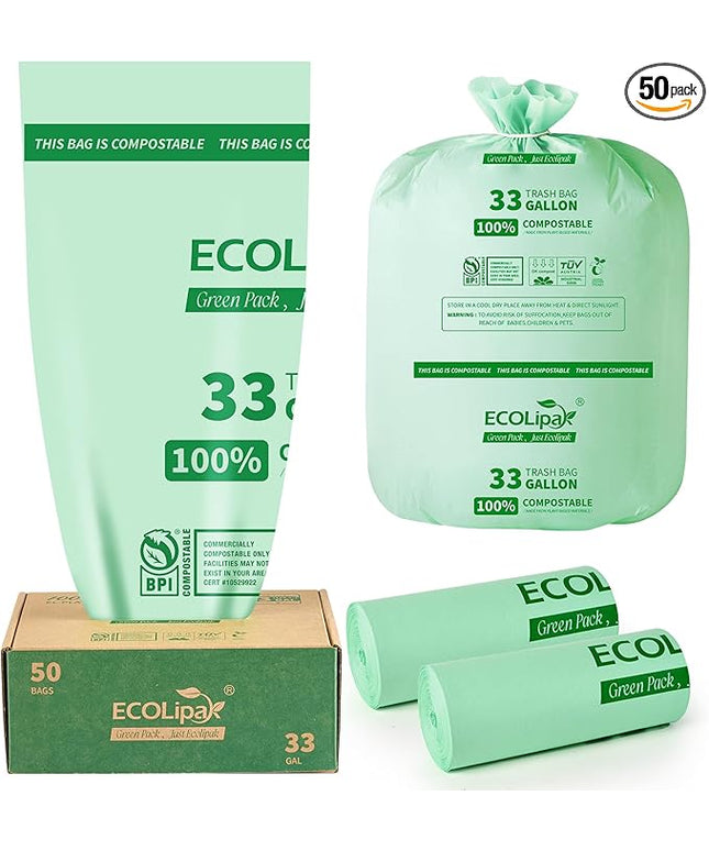 ECOLipak 33 Gallon Compostable Trash Garbage Bags, 50 Count (2 Rolls) Biodegradable Heavy Duty Large Outdoor Trash Bags for Lawn/Yard, US BPI ASTM D6400 and OK Compost Home Certified