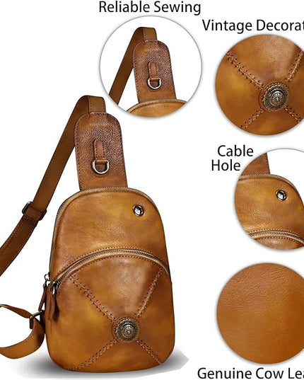 Genuine Leather Small Sling Bag for Women Crossbody Purse Handmade Hiking Daypack Retro Shoulder Backpack Vintage Chest Bags