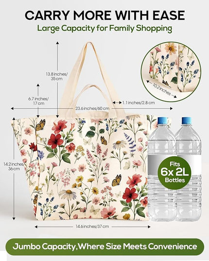 Large Canvas Grocery Tote Bag - Reusable Extra Large Shopping Shoulder Bags with 6 Inner Pockets & 2 Handle Strap