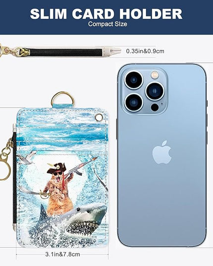 Slim Wallet Credit Card Holder, Sharks and Cats, RFID Wallet Women Cute Small Front Pocket Wallet With Zipper, PU Leather Thin travel RFID Blocking Card Case ID Window,Ladies Gifts