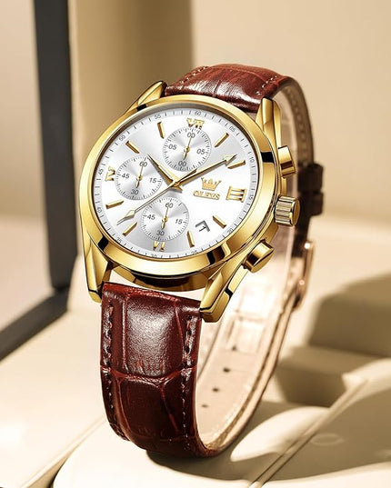 OLEVS Men's Chronograph Leather Watch, Big Face Easy to Read Analog Quartz Dress Watch, Casual Waterproof Luminous Hands Date Watches for Men, White/Blue/Black/Gold Dial