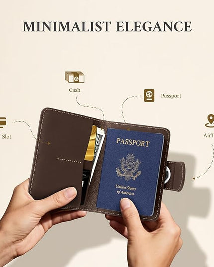 ALLIVE Passport Holder for Travel, Genuine Leather Passport Holder with AirTag Hidden, Rfid Passport Cover Travel Wallet for Airport Essentials, Travel Must Haves Gifts (Coffee Brown)