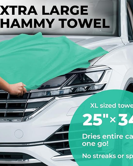 Premium XL Shammy Towel for Car - 34”x25” - Super Absorbent Chamois Cloth - Spots & Scratch-Free - Reusable Car Drying Towel