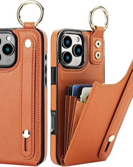 Folosu for iPhone 16 Pro Max Wallet Case with Card Holder, Hand Wrist Strap Loop Holder Kickstand, RFID Blocking Finger Grip Ring PU Leather Double Buttons Shockproof Cover 6.9" Brown