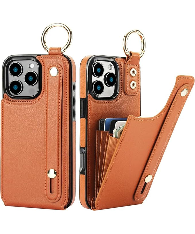 Folosu for iPhone 16 Pro Max Wallet Case with Card Holder, Hand Wrist Strap Loop Holder Kickstand, RFID Blocking Finger Grip Ring PU Leather Double Buttons Shockproof Cover 6.9" Brown