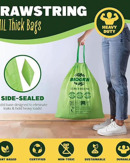 10-13 Gallon Compostable Trash Bags Drawstring 30 Bags Heavy Duty Extra Thick 1 Mil 49.21 Liter Biodegradable Trash Bags Compost Bags Green for Kitchen ASTM D6400 US BPI and OK Compost Home Certified
