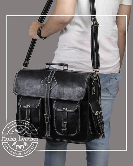 Vintage Leather Laptop Bag for Men Full Grain Large Leather Messenger bag for men 18 inches with rustic look Brown briefcase (Black)