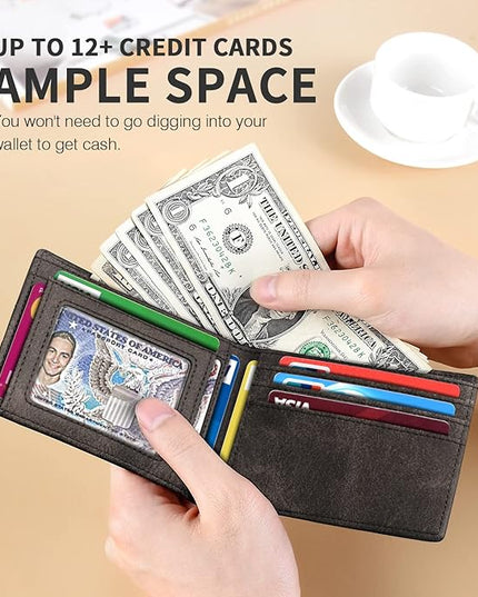 RUNBOX Wallet for Men Slim 11 Credit Card Holder Slots Leather RFID Blocking Small Thin Men's Wallet Bifold Minimalist Front Pocket Large Capacity Gift Box