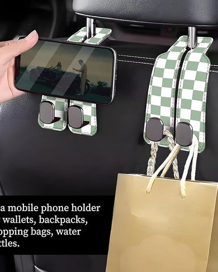 Car Seat Headrest Hook, Universal Leather Cute Hanger Holder Hook, Storage Organizer Interior Accessories for Purse Bags Handbag Green Plaid