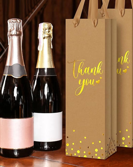 Ctosree 30 Pcs Wine Bottle Gift Bag with Handle 4.3x3.5x13.7 Liquor Paper Bag for Thank You Favor Gold Foil Kraft Whiskey Tote Carrier for Wedding Birthday Bridal Valentine's day Party(Brown)