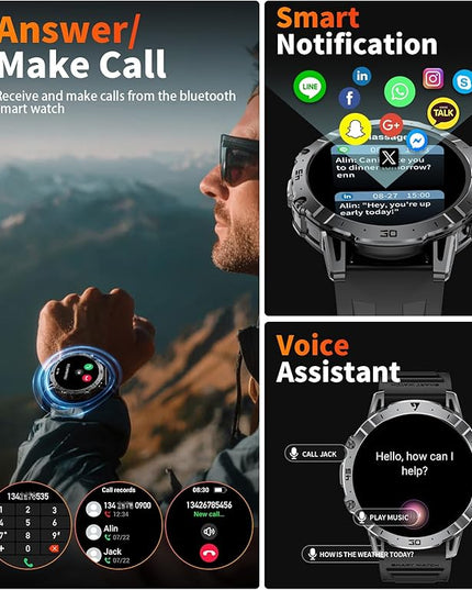 Military Smart Watch for Men(3 Bands),1000mAh /1.7" HD Large Display Smart Watches with LED Flashlight for Android iOS (Call Answer/Calls)Fitness Tracker with Heart Rate/Sleep Tracking/IP68 Waterproof