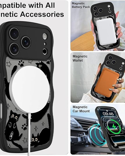 Cute Case for iPhone 17 Pro Max Case [Compatible with MagSafe] with Kawaii Black Cats Cat Print Pattern Design for Women Girls, Soft Wavy Edge Anti-Slip Animal Magnetic Protective Phone Cover