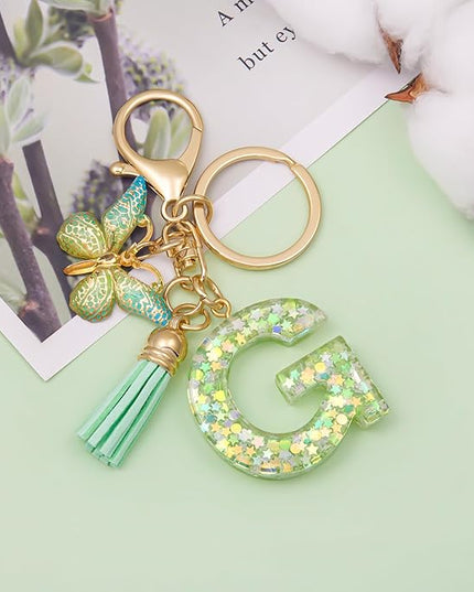 Fashion Alphabet Initial Letter Keychain Tassel Butterfly Pendant Key Ring for Purse Handbags Women Girl