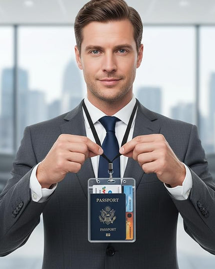 3 Pack 4 X 5.5 Inch Extra Large Passport Holders with Lanyards, Clear ID Badge PVC Card Holder, Waterproof Passport Cover Sleeve Protector for Cruise Plane Credit Card Ticket (Black)