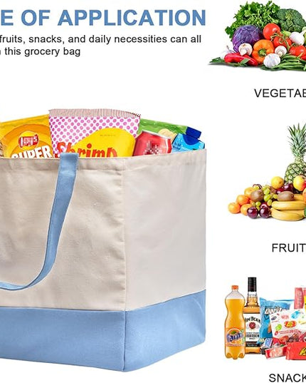 Reusable Grocery Bags Heavy Duty, 8.3 gal Foldable Large Canvas Tote Bag with Handles, Holds 60 lbs Canvas Shopping Bags, 1 Pack（Off White+Light Blue）