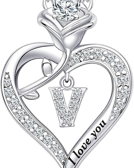 Rose Heart Pendant Necklace Gifts for Wife, Engraved 'I love you' Gift for Wife Girlfriend, Anniversary Birthday Eternity Jewelry Present for Women, Moissanite Necklace Gift for Her