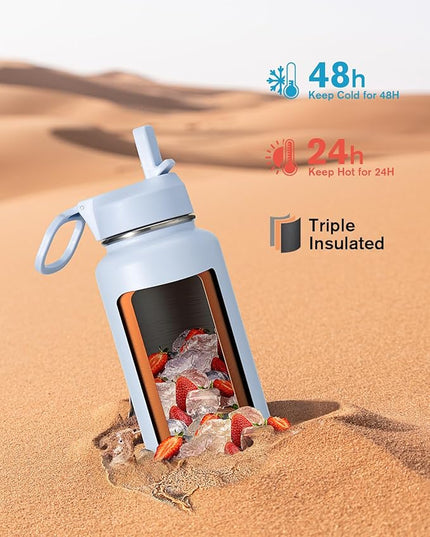 Water Bottle 32 oz Insulated with Straw, Coolflask Stainless Steel Metal 3 Lids Water Flask Wide Mouth for Sports or Office, Non-BPA Keep Cold Up to 48 Hrs or Hot Up to 24 Hrs, Light Blue